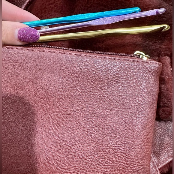 Large Burgundy Faux Fur Handbag w/ PomPom Attachments & Small Bag - Picture 7 of 9